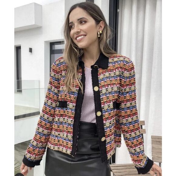 ZARA Textured Tweed Blazer Cropped Cardigan Jacket Bloggers Fav Multicolor Gold - Picture 1 of 14